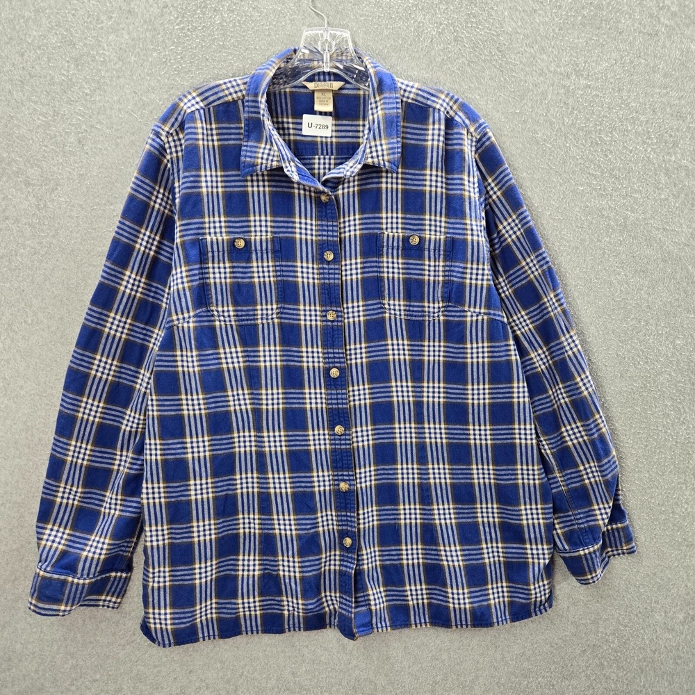 Duluth Women Top XL Blue Plaid Button Up Flannel Pockets Long Sleeve Collar